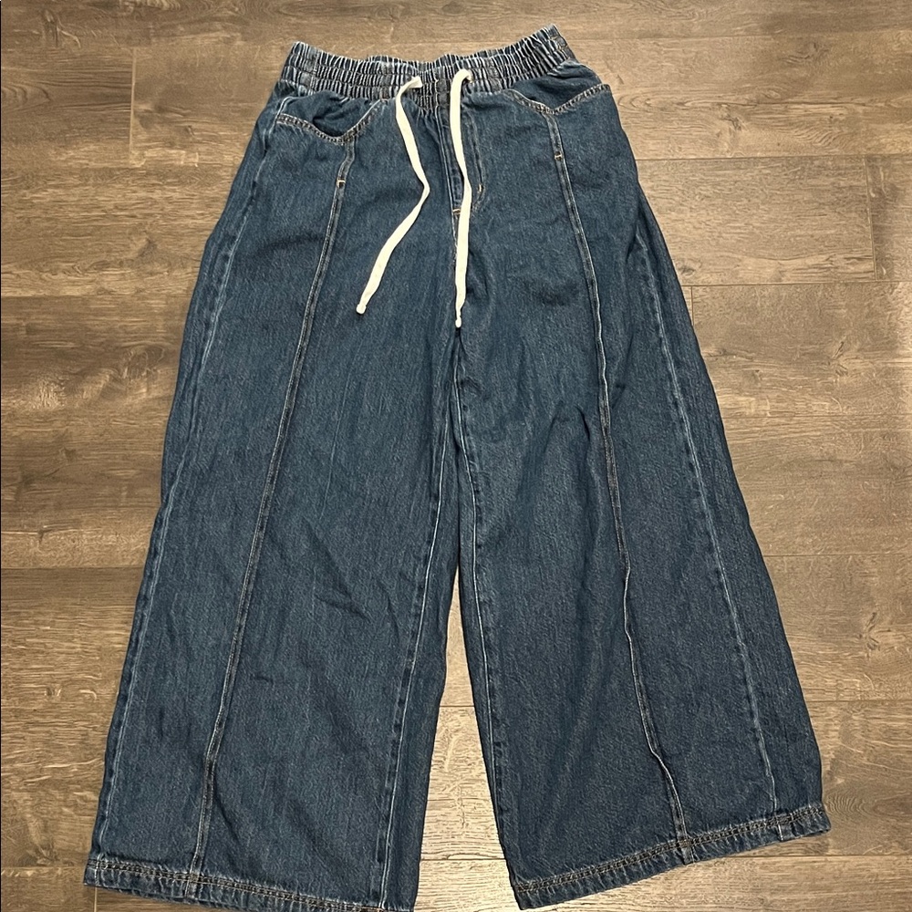 Wide-Leg Denim Pants with Drawstring
